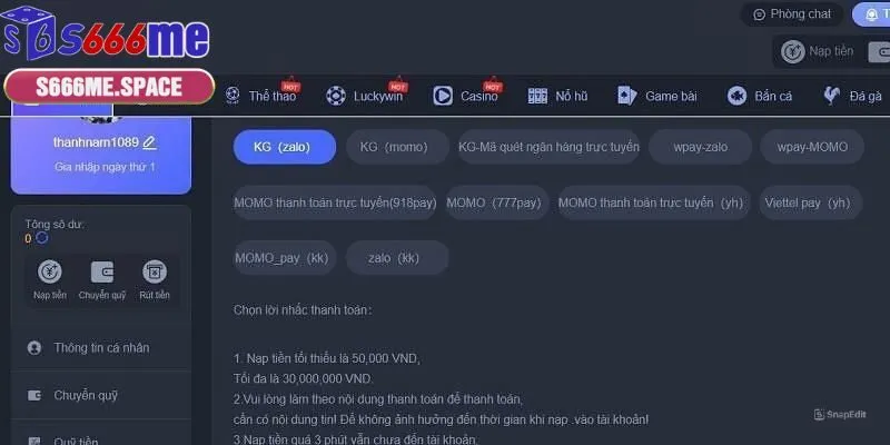 Nạp tiền S666 bằng chuyển khoản ngân hàng cực nhanh chóng